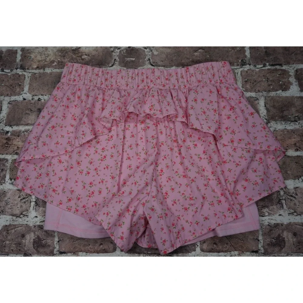 Blogilates Ruffle Active Shorts Women Large Pink Floral Pilates Yoga Activewear